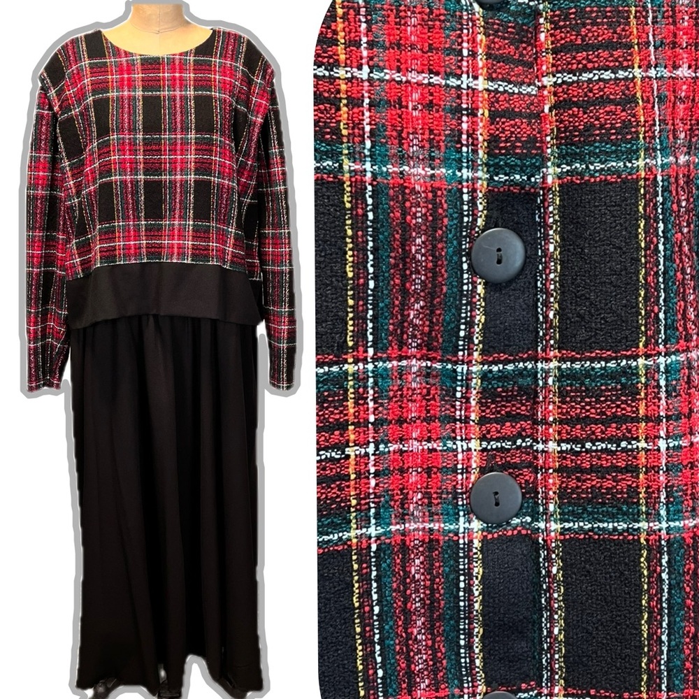 VINTAGE 80s tartan plaid maxi dress 2 piece button back top long sleeve festive